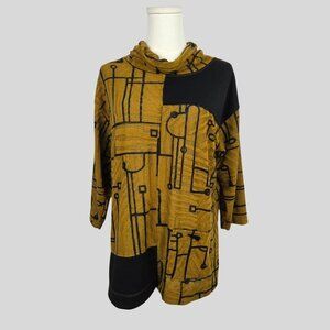 Ali Miles Tunic Top Size PL Mustard & Black Geometric Print Lagenlook Boho Artsy